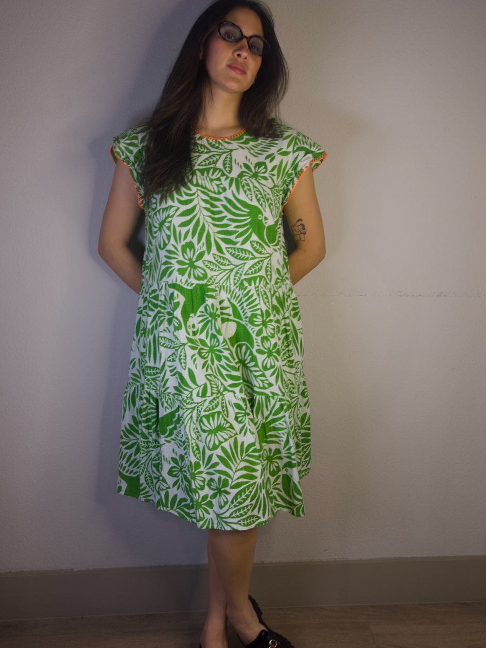Uncle Frank Green Leaf Print Tiered Dress Size M